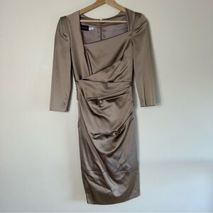 Talbot Runhof Beige Satin Cocktail Dress 3/4 Sleeve Size 4
